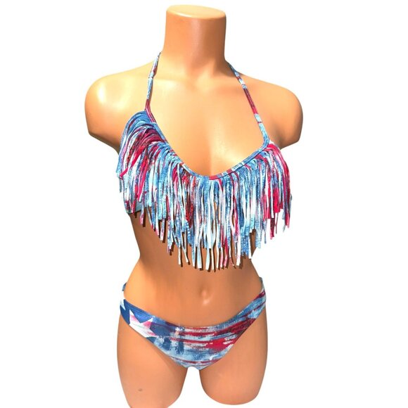 Body Glove Fringe Halter Bikini Set Blue/Red Tie-Dye Print - Picture 1 of 14